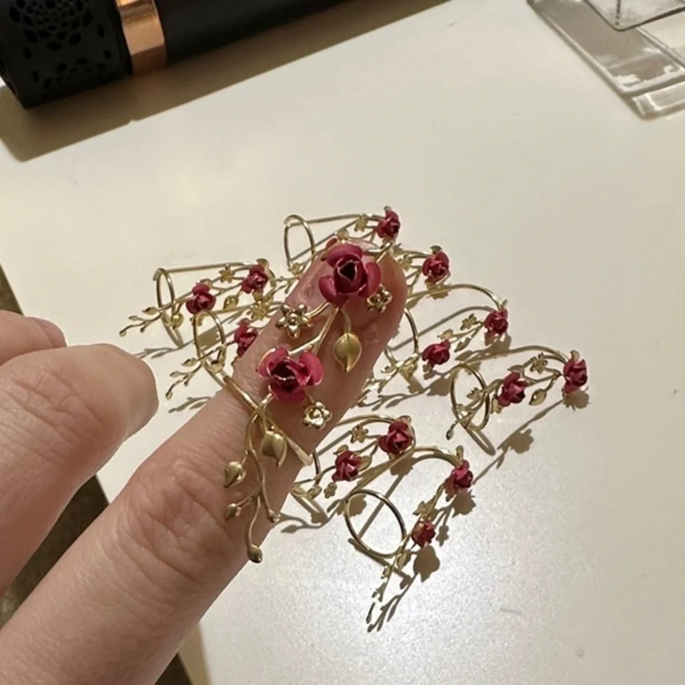 Gold Tone Floral Rose Finger Rings (set of ten)